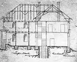 Längsschnitt durch das Synagogengebäude und ein Querschnitt des Vorderhauses