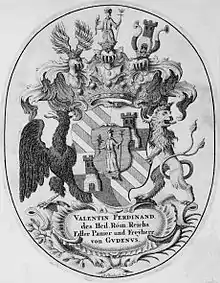 Freiherrenwappen, Exlibris des Freiherrn Valentin Ferdinand von Gudenus (1732)