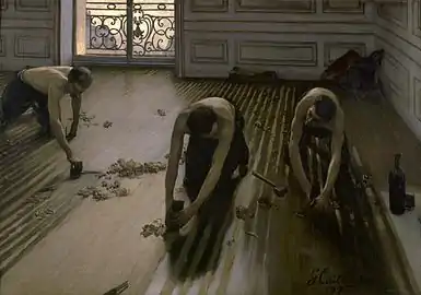 Im Gemälde Die Parkettabzieher (Les raboteurs de parquet) Gustave Caillebotte, 1875 verwendet der mittlere Arbeiter eine Ziehklinge, um die etwas tieferliegenden Flächen abzuziehen, die vom Hobel stehen gelassen wurden, den der rechte Arbeiter verwendet, um die aufgewölbten Stoßkanten der Dielen abzutragen.