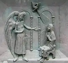 Mariä Verkündigung. Detail am Bronzeportal der Aegidius-Kirche in Bonn-Buschdorf, von Sepp Hürten, 20. Jh.