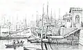 Blick über den Holzhafen am Stadtdeich auf die Innenstadt
