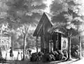 Links das Badehaus, rechts das Borkenhaus, um 1850