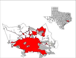 Lage von Houston im Harris County (links) und in Texas (rechts)