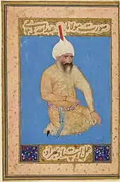 Im Schriftfeld oben steht: Bild des Maulana Abdullah Hatifi. Unten steht: das Werk von Meister Behzād. Bildnis von etwa 1515.