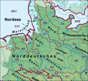 Der Westteil des Norddeutschen Tieflandes mit der Lüneburger Heide (64), deren Südwesten die Südheide einnimmt