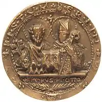 Rückseite der bronzenen Hedwigsmedaille:Brustbilder des Apostels Petrus mit Schlüssel zum Himmelreich und des heiligen Otto mit Krummstab, die gemeinsam das aufgeschlagene Evangelienbuch mit den griechischen Buchstaben Alpha und Omega halten;Aufschrift: „Bistum Berlin – hl. Petrus – hl. Otto“