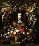 Jan Davidsz. de Heem: Blumen- und Früchte-kartusche mit dem Porträt des Prinzen Wilhelm III. von Oranien, um 1670, Öl auf Leinwand, 132 × 108 cm, Musée des Beaux-Arts, Lyon. Das Bild strotzt von symbolischen Anspielungen (siehe obigen Text).