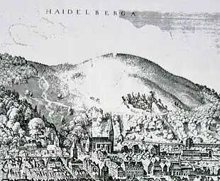 Merian-Stich von Heidelberg im Jahr 1620 mit Blick auf den Buntsandstein-Steinbruch Riesenstein am entwaldeten Gaisberg (1620)