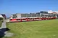 BDeh 3/6 25 der Bergbahn Ror­schach–Hei­den mit drei Vor­stell­wa­gen unter­halb der End­sta­tion Hei­den