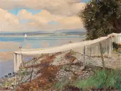 Netze am Ufer,Öl auf Leinwand,Blick auf den Untersee,Bucht Radolfzell mit Höri links,im Hintergrund Hegau