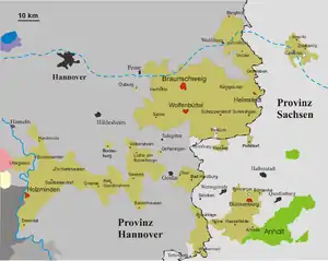 Karte des Freistaats Braunschweig (braun; ohne Exklave Thedinghausen) 1918–1942