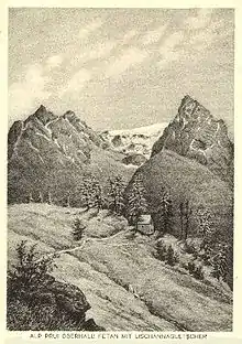 Lischanagletscher im Jahr 1922 von der Maiensäss Prui oberhalb von Ftan aus gesehen. Links vom Gletscher der Piz Lischana, rechts davon der Piz San Jon.