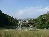 Blick vom Damm auf die Gemeinde Affoltern (mit Spielplatz)