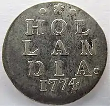 Revers eines Holländischen Doppelstuiver mit der Inschrift  HOLLANDIA  und dem Prägejahr.