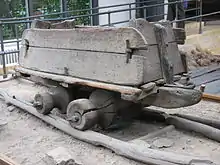 Grubenbahnwagen auf Holzbohlenschienen, Siebenbürgen, Ende des 19. Jahrhunderts