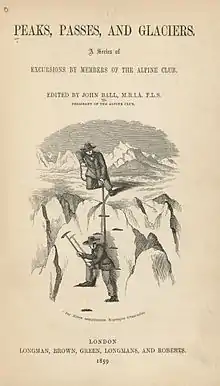 gräuliche Titelseite der Zeitschrift „Peaks, Passes und Glaciers“ mit einem schwarz-weißen Bild von zwei Männern, die Bergsteigen; über und unter dem Bild jeweils ein paar Zeilen mit Angaben zur Zeitschrift