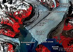 Karte des Hubbard-Gletschers. Gut zu erkennen ist die bevorstehende Trennung von Russell Fjord und Disenchantment Bay.