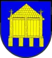 Das Wappen von Husby mit dem Holzhaus