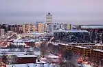 Blick auf Akalla im Vordergrund, Husby und den Kista Science Tower im Hintergrund