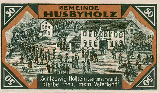 Ehemalige Bahnhof der Gemeinde Husbyholz auf einem Notgeldschein von 1921, kurz nach der Volksabstimmung in Schleswig.