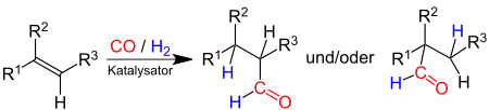 Hydroformylierung eines Alkens (R1 bis R3 Organylgruppen (z. B. Alkyl- oder Arylgruppen) oder Wasserstoffatome).