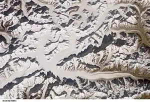Satellitenbild des Panmah Muztagh; der Virjerabgletscher am oberen Bildrand links der Mitte