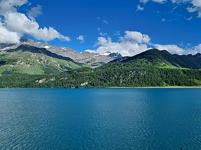 Il Chapütschin, Piz Corvatsch und Silsersee, aufgenommen von Nordwesten