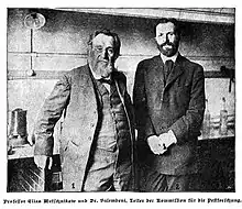 Ilja Iljitsch Metschnikow und der japanische Pathologe Dr. Salembeni. 1910, Studium der Pest in der Kalmückensteppe.