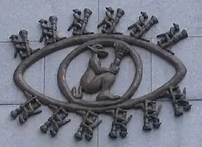 Affe, der einen Malerpinsel hält. „Immendorffauge“, ehemals am Geschäftshaus Nr.&nbsp;25 (1996-2010)
