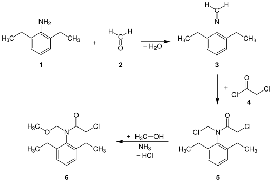 Kommerzielle Synthese von Alachlor durch Reaktion von 2,6-Diethylanilin mit Formaldehyd, Chloressigsäurechlorid und Methanol