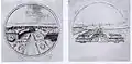 J.G. Fritzsche: Medaillenentwürfe für August den Starken. 1711 und 1712. Links: Darstellung der Treppenanlage, vor dem Bau des Wallpavillons. Rechts: Wallpavillon anstelle der ursprünglichen Treppenanlage.Dresden, Münzkabinett, Archiv.