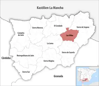 Die Lage der Comarca Las Villas in der Provinz Jaén