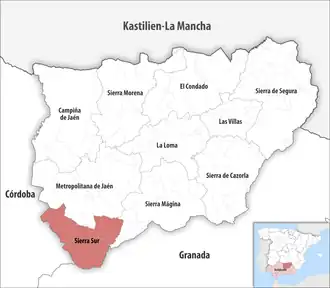 Die Lage der Comarca Sierra Sur in der Provinz Jaén