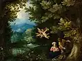Jan Brueghel d.&nbsp;Ä. und Hans Rottenhammer: Ruhe auf der Flucht nach Ägypten, ca. 1595, Öl auf Kupfer, 22,0 × 29,1 cm, Mauritshuis, Den Haag