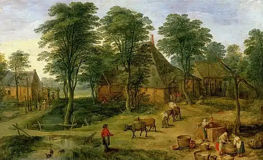 Bauernhof, Öl auf Holz, 46 × 75 cm, Louvre, Paris