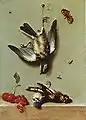 Jean-Baptiste Oudry: Stillleben mit drei toten Vögeln, Johannisbeeren, Kirschen und Insekten 1712