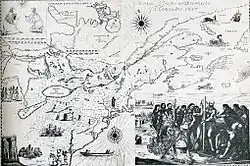 Eine Karte von 1657 bildet das Martyrium von Jean de Brébeuf und Gabriel Lalemant ab.