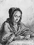 Alte Frau mit einem Gebetbuch in den Händen, um 1750/52