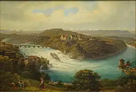 Rheinfall mit Fabriken und der 1855/56 erbauten Eisenbahnbrücke bei Laufen, um 1870,  Heinrich Müller