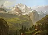 Blick über das Lauterbrunnental auf die Jungfrau um 1870. Ölgemälde von Heinrich Müller