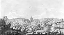 Das Schloss Weißenstein in einer Darstellung von Johann Heinrich Müntz (1786) mit dem weithin sichtbaren Herkules