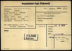 Registrierungskarte von Johann Schroffner als Gefangener im nationalsozialistischen Konzentrationslager Buchenwald