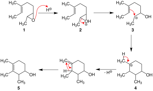 vereinfachter Mechanismus der Johnson-Polyen-Zyklisierung