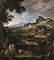 Ölgemälde von vielen Häusern und einem Tempel entlang eines Berghangs. Ein Regenbogen führt über sie zu einer Baumkrone, die im linken Bildrand steht. Ein Weg geht von dem Ort zu einem See im Vordergrund, um den Menschen und Bäume stehen. Links vorne sitzen Menschen und Ziegen unter einem großen Baum, der bis zum oberen Bildrand ragt.