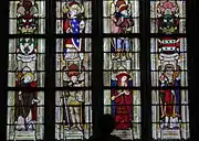Wappen und die Heiligen (von links nach rechts): Ludwig IX., Hubertus, Cadoc, Juquel, Karl Borromäus und Augustinus