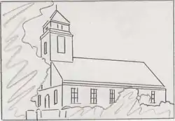 Kirche in Judtschen nach Wiederaufbau 1925. Skizze nach alter Postkarte