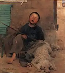 Le petit colporteur endormi (Der kleine, eingeschlafene Hausierer), Öl auf Leinwand, 1882, 103&nbsp;x&nbsp;109&nbsp;cm, Tournai, Musée des Beaux-Arts