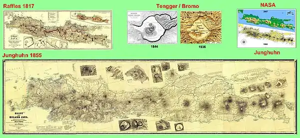 Ausschnitt aus einer Wandtafel, die vom November 2009 bis Januar 2010 in Bandung und in Jakarta ausgestellt wurde. Die originalgroße Präsentation der Map of Java von Raffles und der Kaart van het eiland Java von Junghuhn ermöglichte einen direkten Vergleich beider Karten. – Mit dem Ziel, die Höhe der Karte so gering wie möglich zu halten, hat Junghuhn die Insel Java annähernd waagerecht dargestellt.