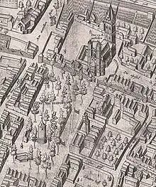 Darstellung des Richmodisturmes (Bildmitte) auf dem Mercator-Plan von 1571