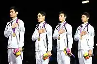 Die Goldmannschaft im Säbelfechten 2012 (v.&nbsp;l.&nbsp;n.&nbsp;r.): Gu Bon-gil, Kim Jung-hwan, Won Woo-young und Oh Eun-seok